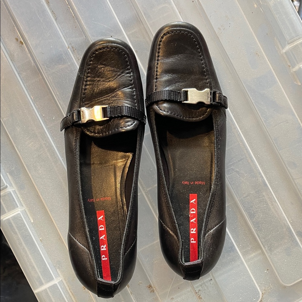 Prada Women's Black Leather Buckle Loafers